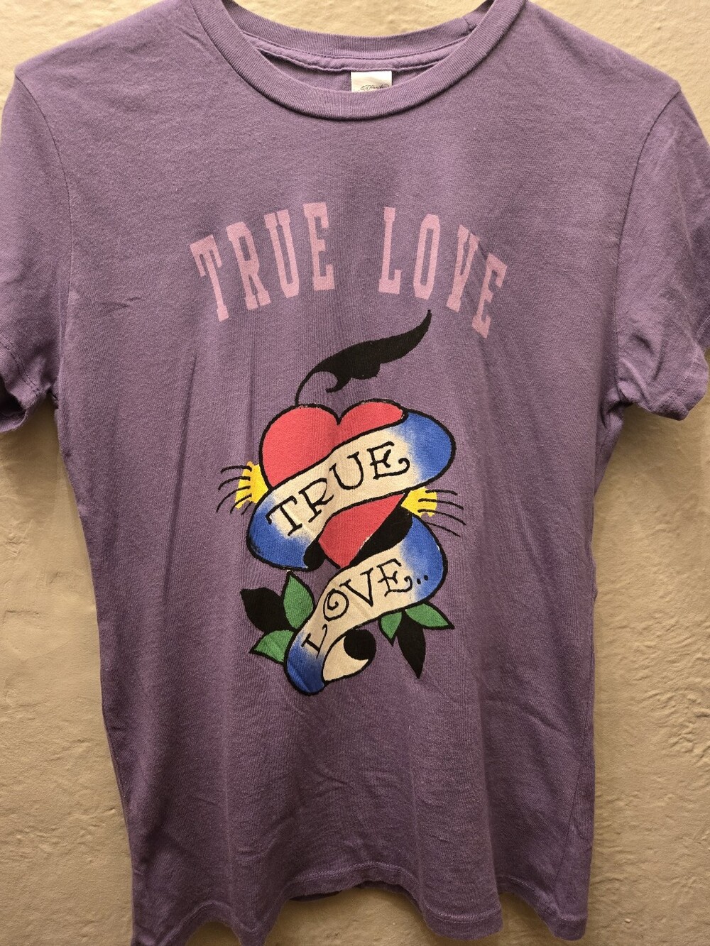 Ed Hardy Purple "True Love" Graphic Tee with Multicolor Tattoo Heart